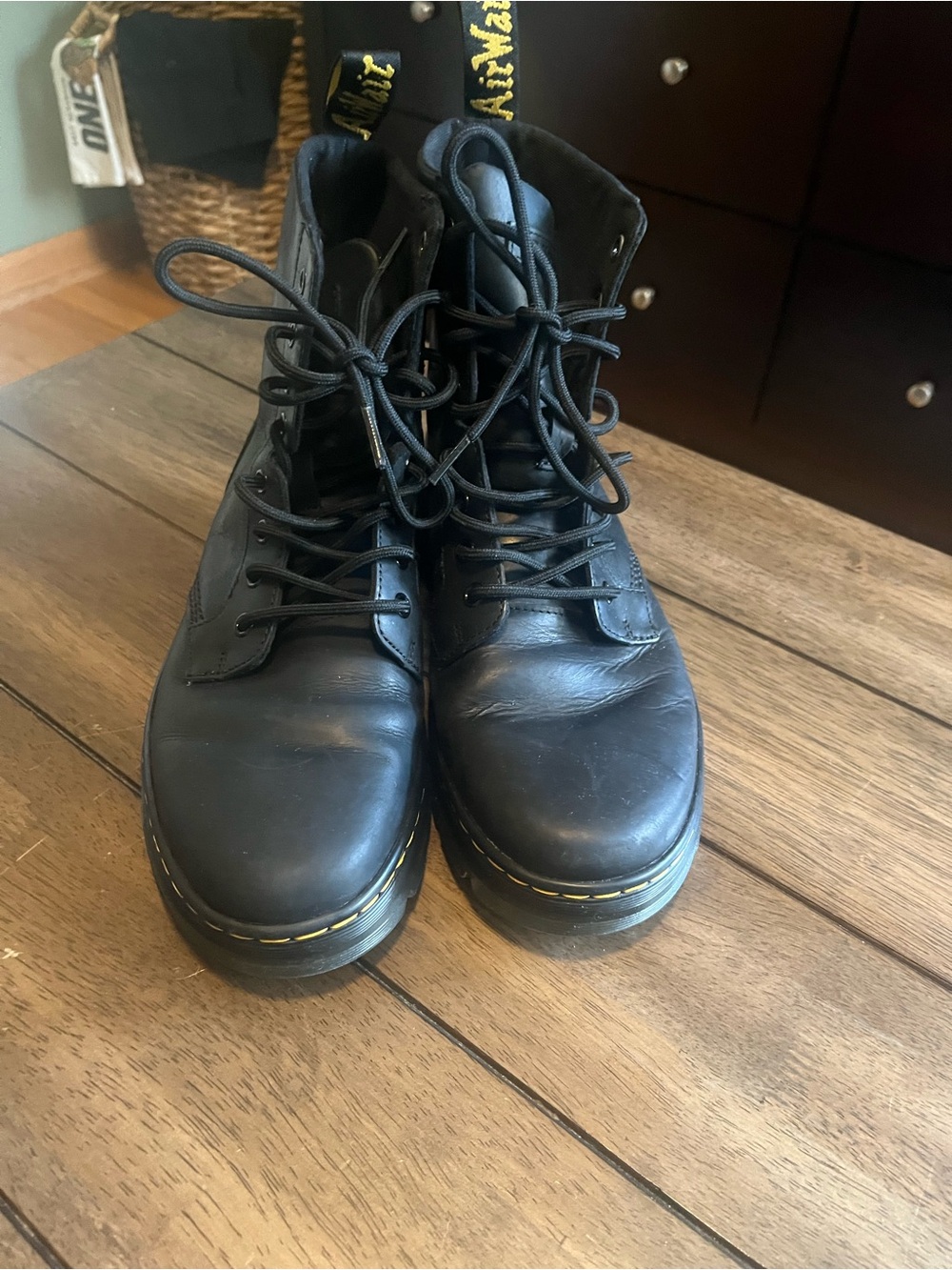 Dr. Martens Black Leather Lace-Up Combat Boots with Yellow Stitching